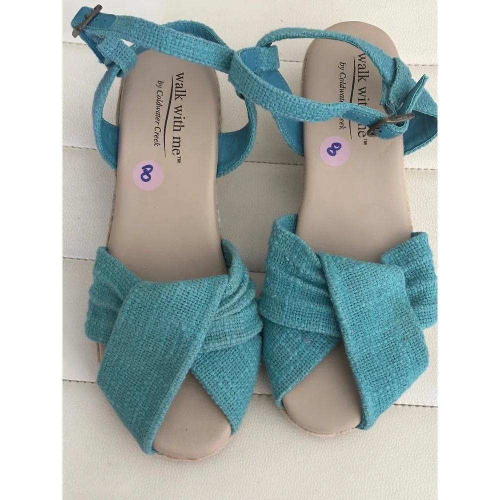 Coldwater Creek Walk With Me Callie Espadrille Wedge Sandals Turquoise Blue 8M
